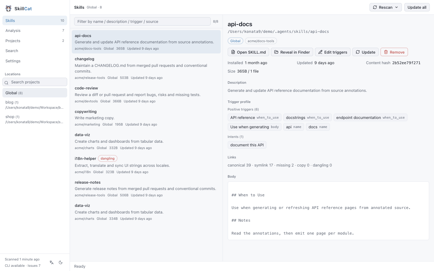 SkillCat Skills view: a list of installed skills on the left with a detail panel on the right showing description, trigger profile, link state and body.